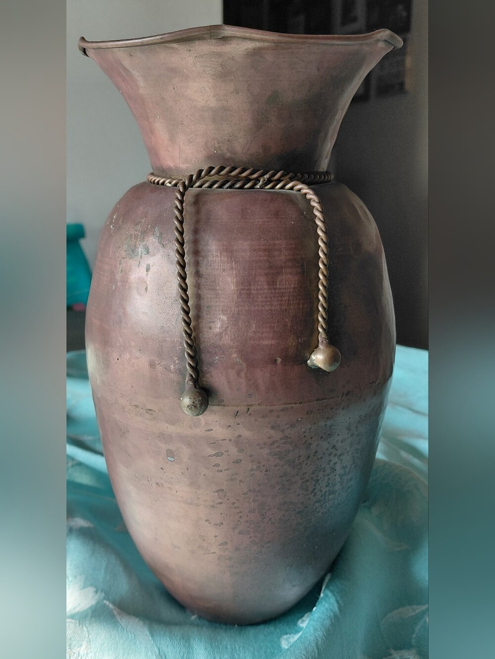 Vintage Antique-Style Brass/Copper Mid- Century Vase with Rope Accent